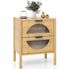 Bamboo Nightstand with Storage Drawers and Reeded Tempered Glass product